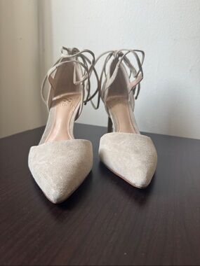 Vince Camuto Pointed-Toe Lace-Up Heels in Beige Suede